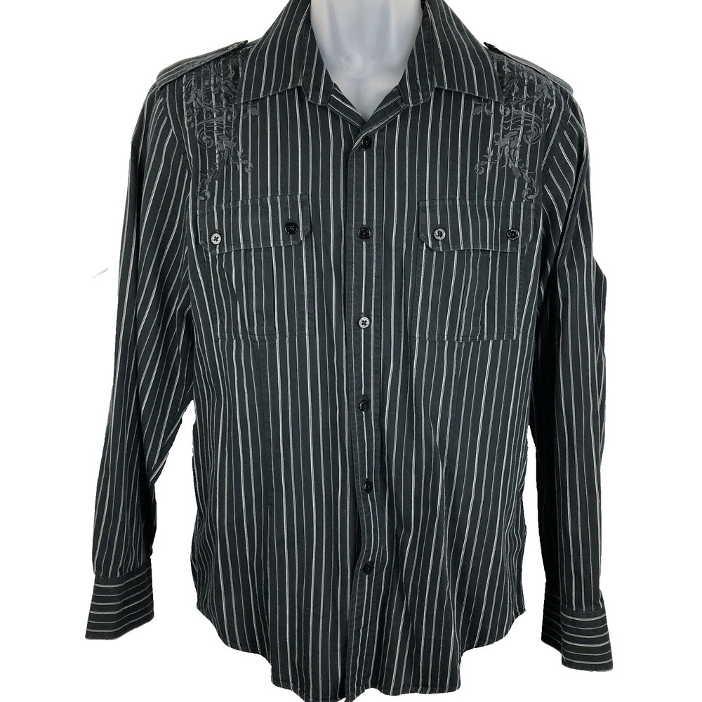 7 Diamonds Button Shirt Mens L Black Striped Embossed Gothic Military